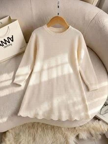 Young Girl Solid Color Round Neck Casual Daily Knit Dress Autumn Winter - Apricot - View 1