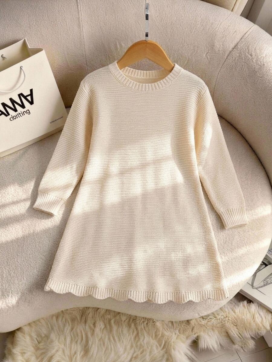 Young Girl Solid Color Round Neck Casual Daily Knit Dress Autumn Winter - Apricot - View 1