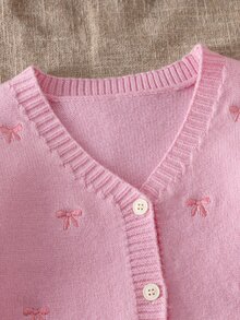 SHEIN 6個月至3歲女嬰米色V領全刺繡小蝴蝶結針織開襟衫，單排扣長袖毛衣外套，適合日常穿著與外出，春秋冬季百搭外衣 - 淺粉色 - 查看 3