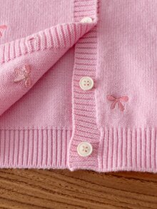 SHEIN 6個月至3歲女嬰米色V領全刺繡小蝴蝶結針織開襟衫，單排扣長袖毛衣外套，適合日常穿著與外出，春秋冬季百搭外衣 - 淺粉色 - 查看 7
