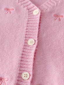 SHEIN 6個月至3歲女嬰米色V領全刺繡小蝴蝶結針織開襟衫，單排扣長袖毛衣外套，適合日常穿著與外出，春秋冬季百搭外衣 - 淺粉色 - 查看 4