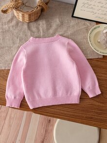 SHEIN 6個月至3歲女嬰米色V領全刺繡小蝴蝶結針織開襟衫，單排扣長袖毛衣外套，適合日常穿著與外出，春秋冬季百搭外衣 - 淺粉色 - 查看 2