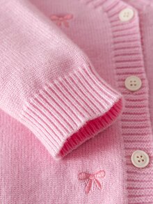 SHEIN 6個月至3歲女嬰米色V領全刺繡小蝴蝶結針織開襟衫，單排扣長袖毛衣外套，適合日常穿著與外出，春秋冬季百搭外衣 - 淺粉色 - 查看 6