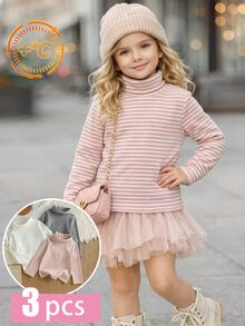 SHEIN 女童 4-8歲 高領黑白條紋白色 3件套 白色抓絨內裡長袖T恤 適合居家日常穿著 秋冬 - 彩色 - 查看 2