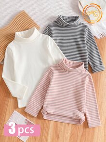 SHEIN 女童 4-8歲 高領黑白條紋白色 3件套 白色抓絨內裡長袖T恤 適合居家日常穿著 秋冬 - 彩色 - 查看 5