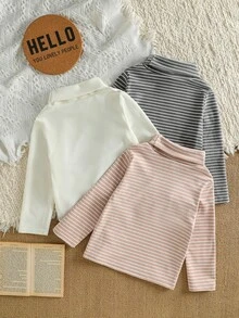 SHEIN 女童 4-8歲 高領黑白條紋白色 3件套 白色抓絨內裡長袖T恤 適合居家日常穿著 秋冬 - 彩色 - 查看 4