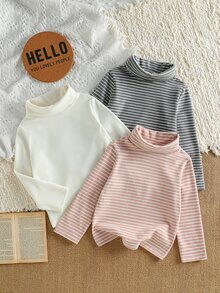 SHEIN 女童 4-8歲 高領黑白條紋白色 3件套 白色抓絨內裡長袖T恤 適合居家日常穿著 秋冬 - 彩色 - 查看 3