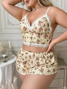 Crystal Vow 2pcs Plus Size Floral Lace Patchwork Wireless Push-Up Bra & Panty Set - Multicolor - View 4