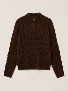 Calmiston Men's Wool Brown Simple Stylish Casual Zip-Up Knit Sweater, Suitable For Autumn/Winter, Mock Neck Men, Quarter Zip Sweater Men, Textured Old Money - Brown - View 4