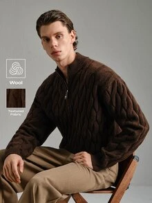 Calmiston Men's Wool Brown Simple Stylish Casual Zip-Up Knit Sweater, Suitable For Autumn/Winter, Mock Neck Men, Quarter Zip Sweater Men, Textured Old Money - Brown - View 9