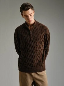 Calmiston Men's Wool Brown Simple Stylish Casual Zip-Up Knit Sweater, Suitable For Autumn/Winter, Mock Neck Men, Quarter Zip Sweater Men, Textured Old Money - Brown - View 8