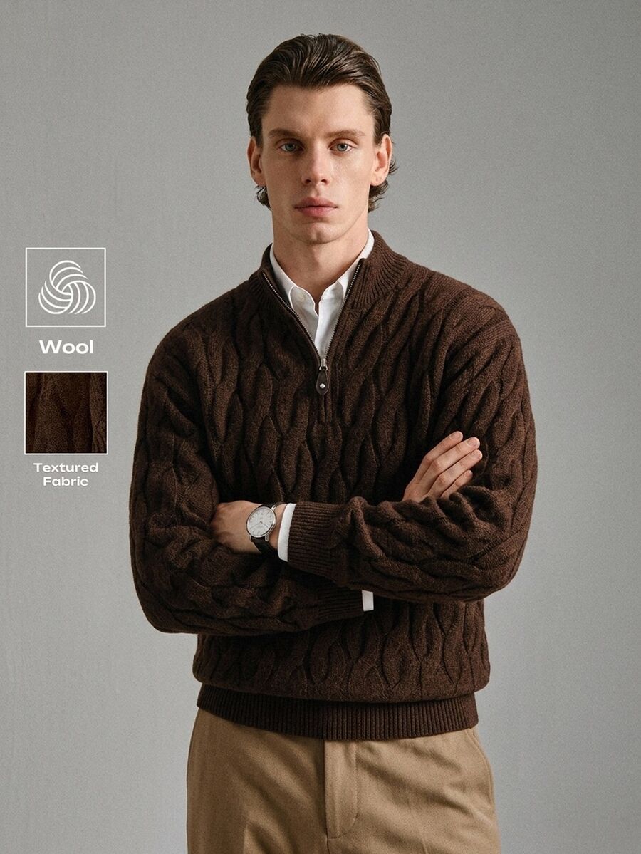 Calmiston Men's Wool Brown Simple Stylish Casual Zip-Up Knit Sweater, Suitable For Autumn/Winter, Mock Neck Men, Quarter Zip Sweater Men, Textured Old Money