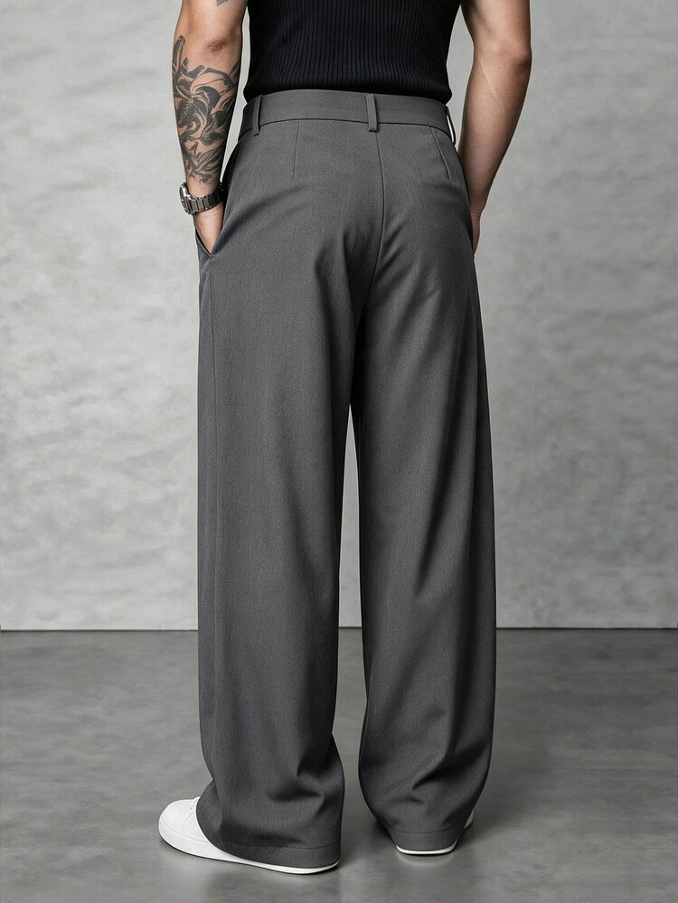SLATEMANN Men's Dark Gray Suit Pants, Waist Rivet Design, Fashion Versatile Straight Leg Dress Pants, Casual Versatile - Dark Grey - View 2