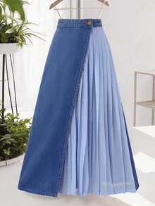GlowEve Women's Waist Button Design Patchwork Pleated Casual Denim Skirt - Multicolor - View 6