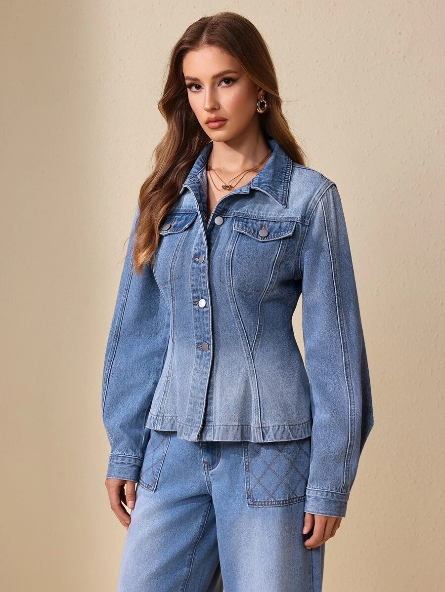Selenza Women's Long Sleeve Single-Breasted Casual Denim Jacket - Blue - View 1