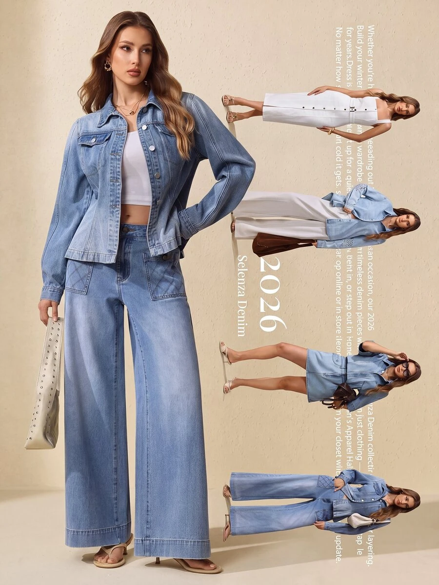 Selenza Jaket Denim Kasual Wanita Lengan Panjang Kancing Tunggal - Biru - View 1