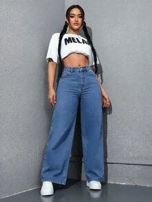 SHEIN PETITE Women's Wide Leg Straight Fit Jeans - Medium Wash - View 3