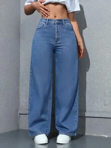 SHEIN PETITE Women's Wide Leg Straight Fit Jeans - Medium Wash - View 7