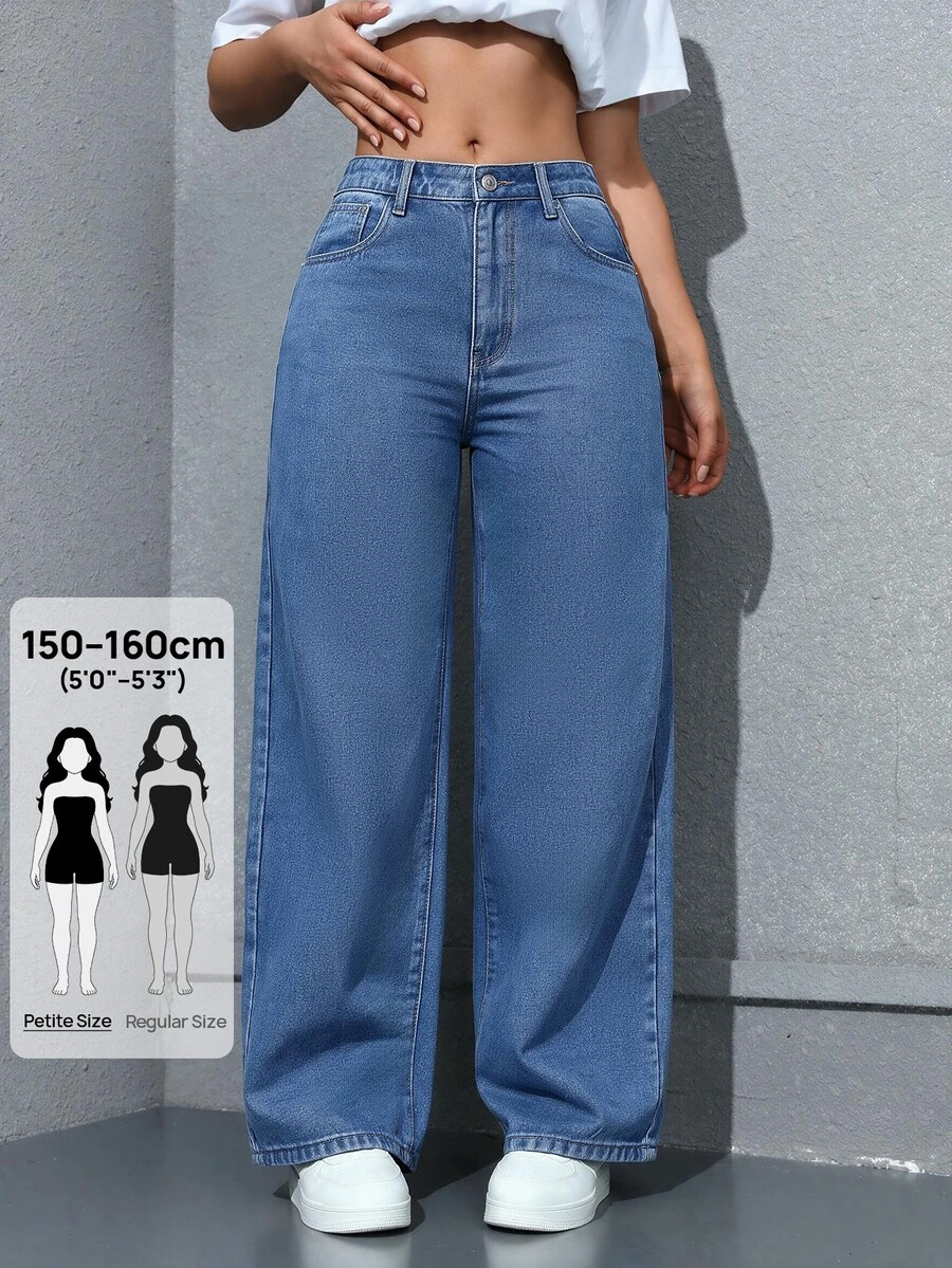 SHEIN PETITE Women's Wide Leg Straight Fit Jeans - Medium Wash - View 1