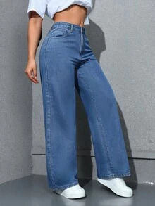 SHEIN PETITE Women's Wide Leg Straight Fit Jeans - Medium Wash - View 4