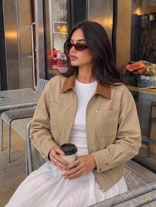 SHEIN BASICS 女款拼色翻領長袖拉鍊休閒復古修身夾克，米色，適合旅行、秋季外出、日常穿著、遊客，秋冬感恩節 - 卡其色 - 查看 5