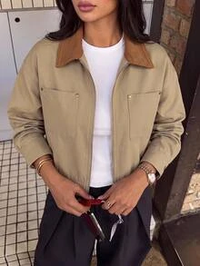 SHEIN BASICS 女款拼色翻領長袖拉鍊休閒復古修身夾克，米色，適合旅行、秋季外出、日常穿著、遊客，秋冬感恩節 - 卡其色 - 查看 4