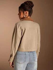 SHEIN BASICS 女款拼色翻領長袖拉鍊休閒復古修身夾克，米色，適合旅行、秋季外出、日常穿著、遊客，秋冬感恩節 - 卡其色 - 查看 9