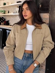 SHEIN BASICS 女款拼色翻領長袖拉鍊休閒復古修身夾克，米色，適合旅行、秋季外出、日常穿著、遊客，秋冬感恩節 - 卡其色 - 查看 3