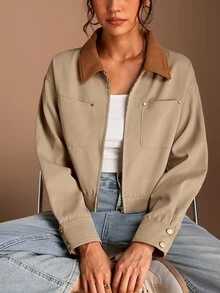 SHEIN BASICS 女款拼色翻領長袖拉鍊休閒復古修身夾克，米色，適合旅行、秋季外出、日常穿著、遊客，秋冬感恩節 - 卡其色 - 查看 7