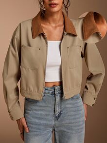 SHEIN BASICS 女款拼色翻領長袖拉鍊休閒復古修身夾克，米色，適合旅行、秋季外出、日常穿著、遊客，秋冬感恩節 - 卡其色 - 查看 8