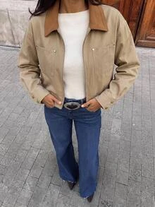 SHEIN BASICS 女款拼色翻領長袖拉鍊休閒復古修身夾克，米色，適合旅行、秋季外出、日常穿著、遊客，秋冬感恩節 - 卡其色 - 查看 6