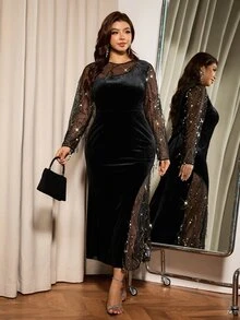 Elaquor Gaun Pesta Koktail Wanita Ukuran Plus dengan Motif Patchwork Payet Jala, Leher Bulat, Lengan Panjang, Pas Badan, Elegan, Seksi, Gaun Hitam untuk Pesta Tamu Pernikahan yang Elegan - Hitam - View 1
