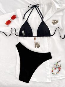 SHEIN Swim 女款夏季海灘度假掛脖綁帶性感比基尼套裝，金屬裝飾，女款節慶穿搭，海灘穿搭，度假穿搭，黑色上衣 - 黑色 - 查看 2
