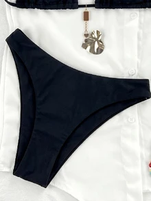 SHEIN Swim 女款夏季海灘度假掛脖綁帶性感比基尼套裝，金屬裝飾，女款節慶穿搭，海灘穿搭，度假穿搭，黑色上衣 - 黑色 - 查看 4
