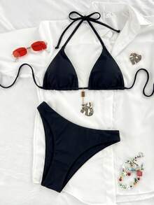 SHEIN Swim 女款夏季海灘度假掛脖綁帶性感比基尼套裝，金屬裝飾，女款節慶穿搭，海灘穿搭，度假穿搭，黑色上衣 - 黑色 - 查看 6