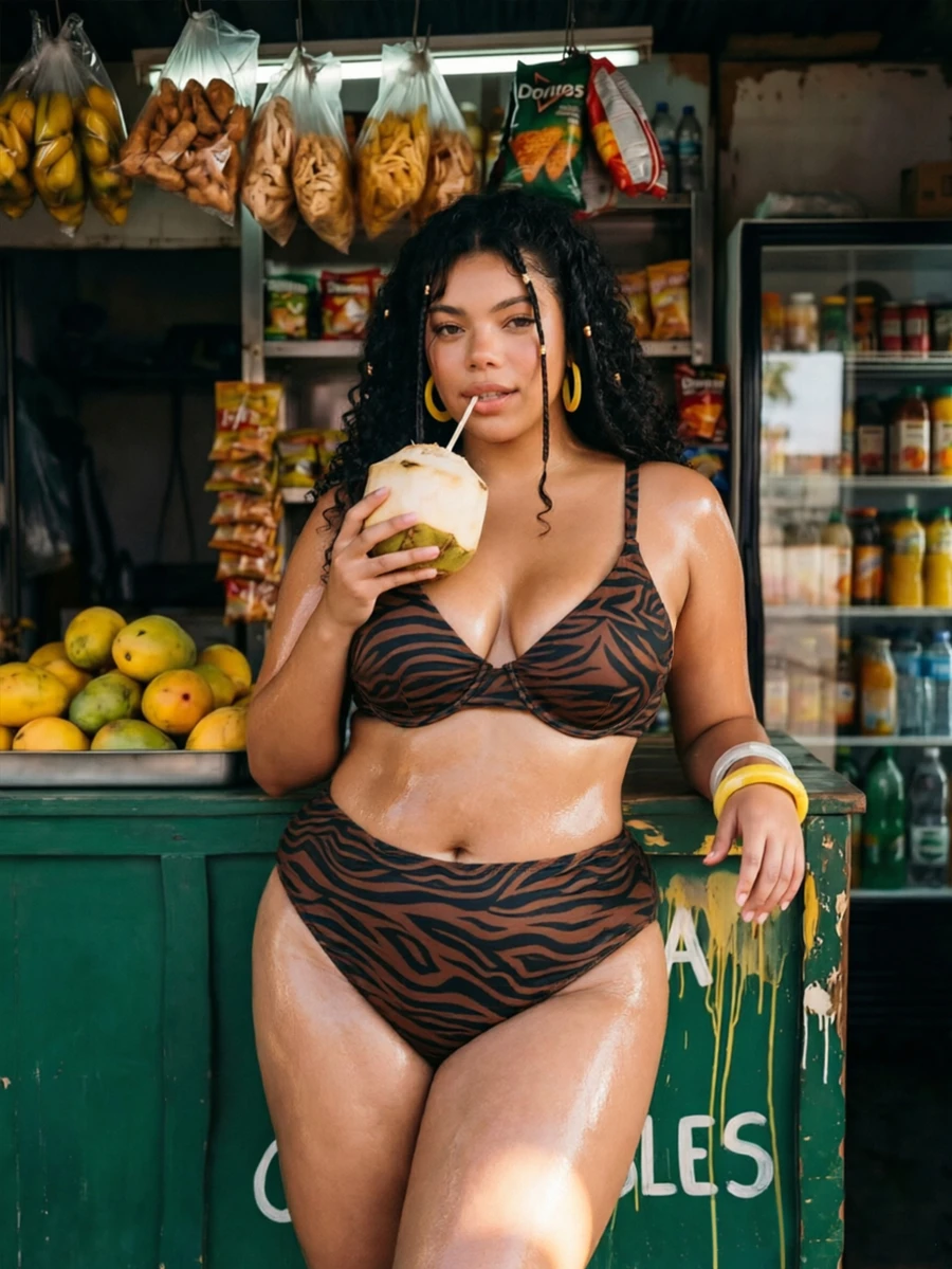 SHEIN Swim Curve 大尺碼女款性感休閒斑馬紋比基尼泳衣套裝,夏季海灘度假派對棕色 - 咖啡棕 - 查看 1