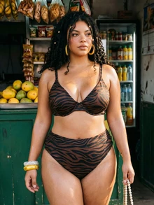SHEIN Swim Curve 大尺碼女款性感休閒斑馬紋比基尼泳衣套裝，夏季海灘度假派對棕色 - 咖啡棕 - 查看 5