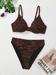 SHEIN Swim Curve 大尺碼女款性感休閒斑馬紋比基尼泳衣套裝，夏季海灘度假派對棕色 - 咖啡棕 - 查看 3