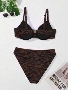 SHEIN Swim Curve 大尺碼女款性感休閒斑馬紋比基尼泳衣套裝，夏季海灘度假派對棕色 - 咖啡棕 - 查看 2