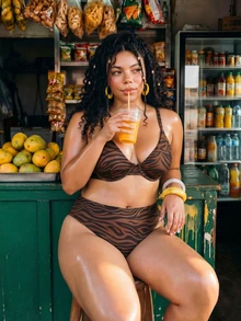 SHEIN Swim Curve 大尺碼女款性感休閒斑馬紋比基尼泳衣套裝，夏季海灘度假派對棕色 - 咖啡棕 - 查看 6
