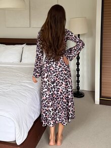DAZY Women's Leopard Print Patchwork Ruffle Long Sleeve Elegant Nightgown - Purple - View 2