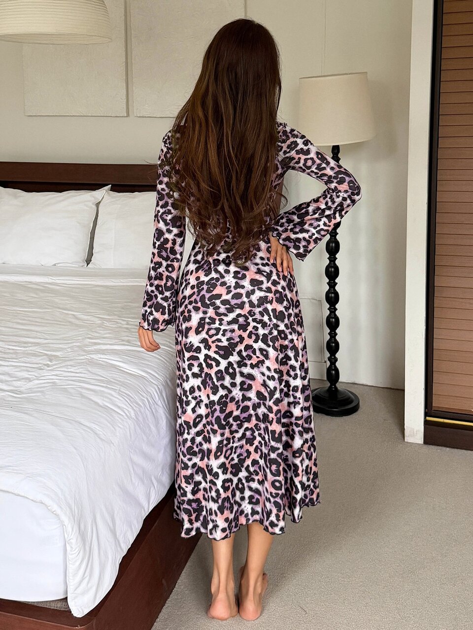 Women's Leopard Print Patchwork Ruffle Long Sleeve Elegant Nightgown
