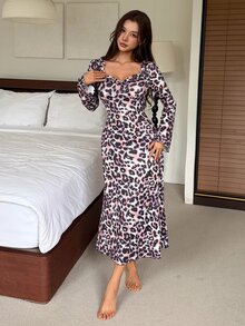 DAZY Women's Leopard Print Patchwork Ruffle Long Sleeve Elegant Nightgown - Purple - View 8