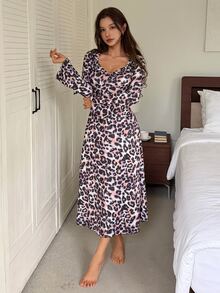 DAZY Women's Leopard Print Patchwork Ruffle Long Sleeve Elegant Nightgown - Purple - View 3
