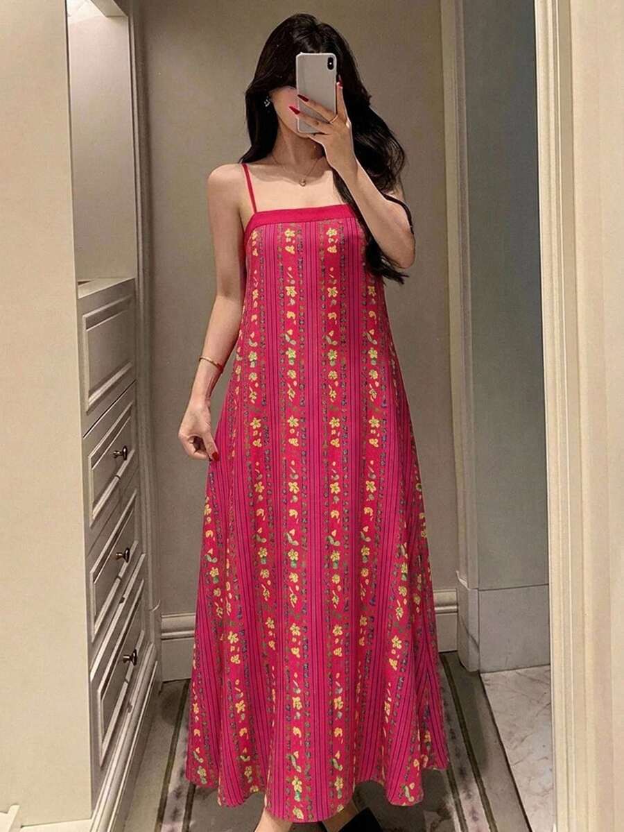 DAZY 夏季海灘度假風花卉印花寬鬆細肩帶長款睡裙 女款 - 玫紅色 - 查看 1