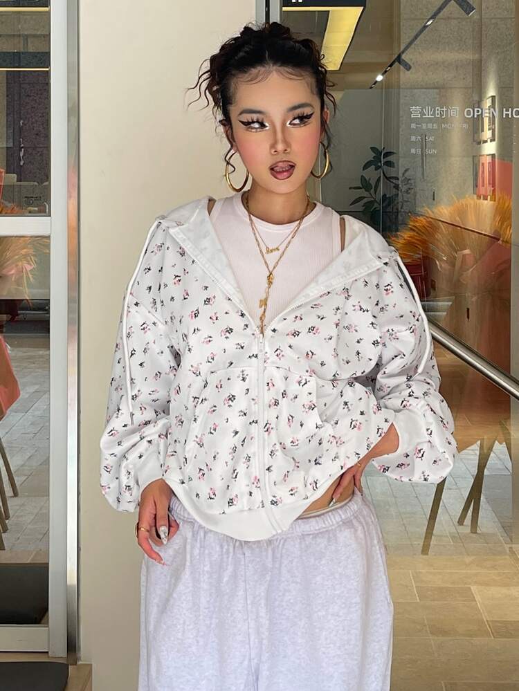 DAZY Women's Spring/Autumn White Floral All-Over Print Loose Oversized Sweatshirt With Drawstring, Casual Streetwear Daily Home Wear - White - View 7