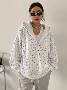 DAZY Women's Spring/Autumn White Floral All-Over Print Loose Oversized Sweatshirt With Drawstring, Casual Streetwear Daily Home Wear - White - View 2