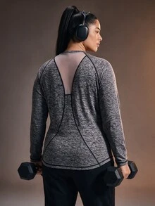 Powerista Women's Plus Size Round Neck Open Back Long Sleeve Loose Comfortable Sports T-Shirt - Black - View 5
