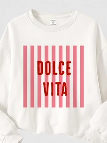 粉紅與紅色條紋 時尚復古美式甜美字母 DOLCE VITA 圖案印花 女款休閒舒適軟綿保暖內裡 寬鬆落肩長袖套頭運動衫與寬腿運動褲 2件套，適合秋冬日常穿搭、街頭穿搭、復古女孩風、高街女孩、甜美慵懶隨性氛圍 - 彩色 - 查看 4