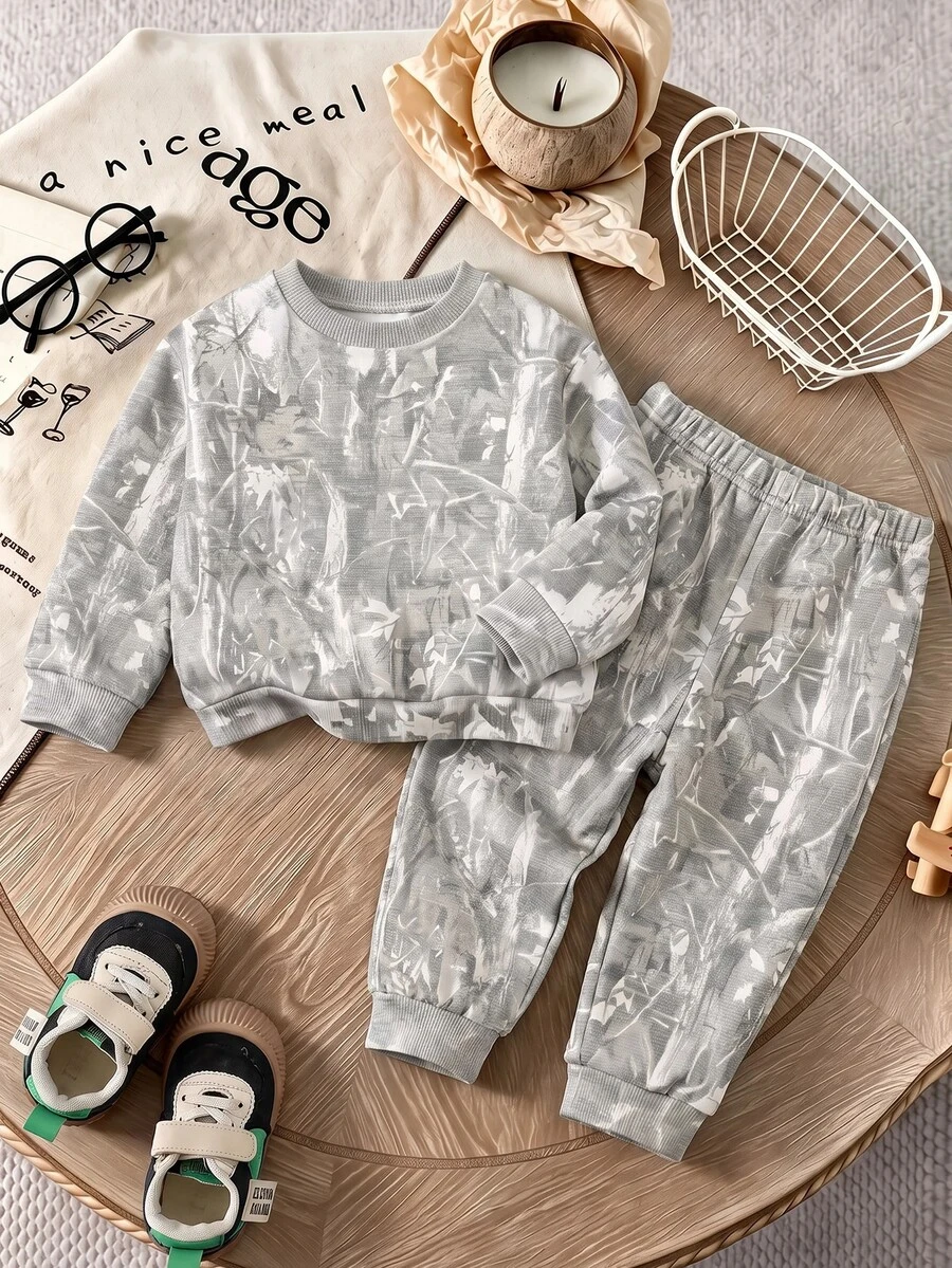 Infant Round Neck Casual Comfortable Set, Classic Handsome Cool Dry Branch & Fallen Leaf Print, Suitable For Street Style, Y2K - Multicolor - View 1